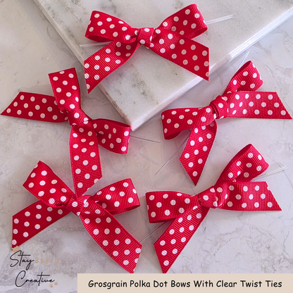 Red Grosgrain Polka Dot Bows With Clear Twist Ties - Pack of 25
