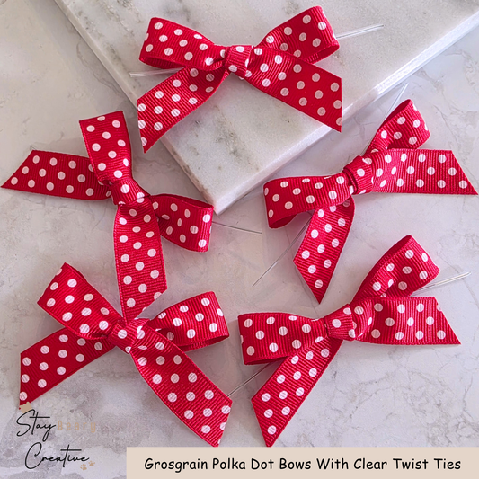 Red Grosgrain Polka Dot Bows With Clear Twist Ties - Pack of 25