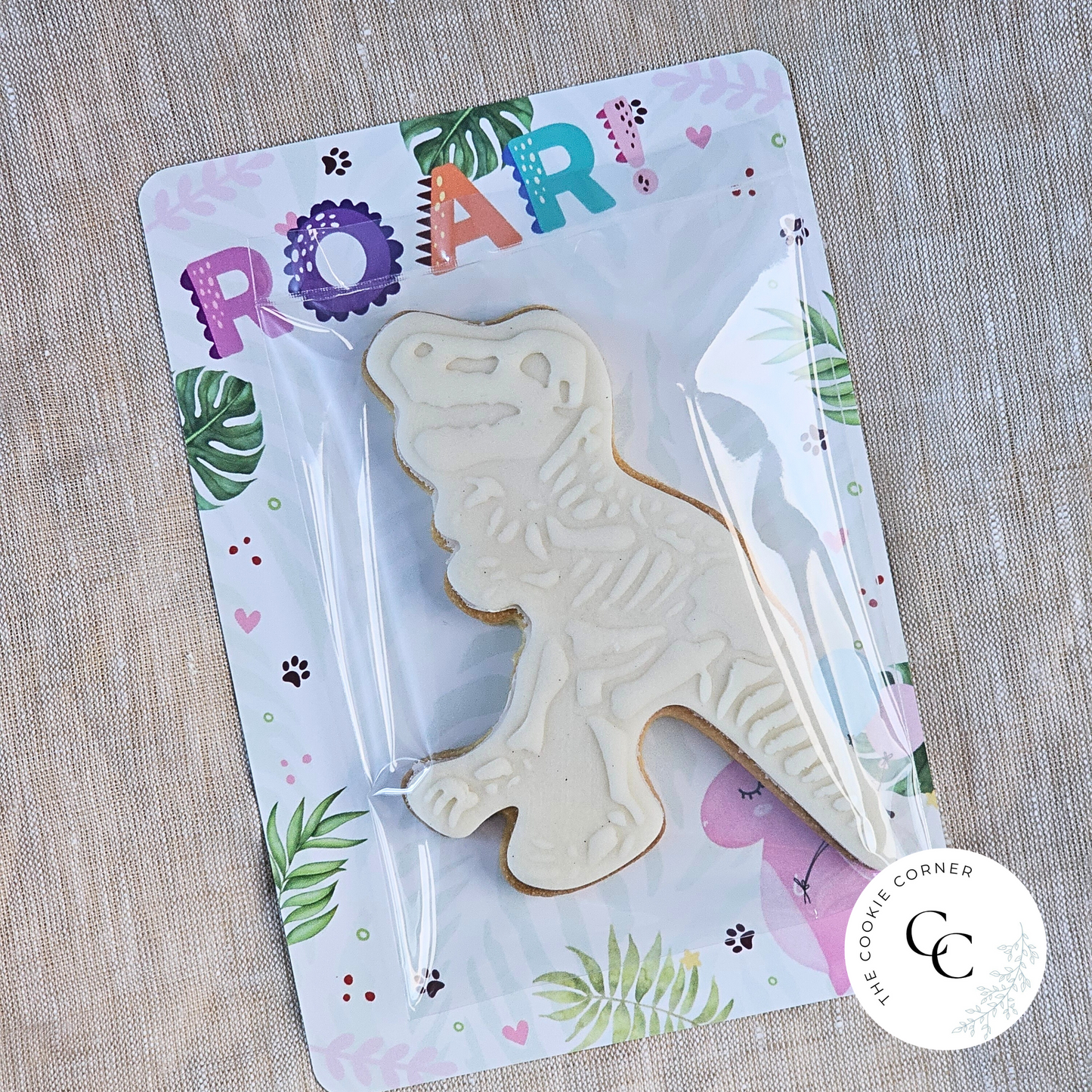 [Food Safe] Pink Dinosaur - Roar - Thank You - Double Sided Designs - Vertical Cookie Cards - 25 Pack