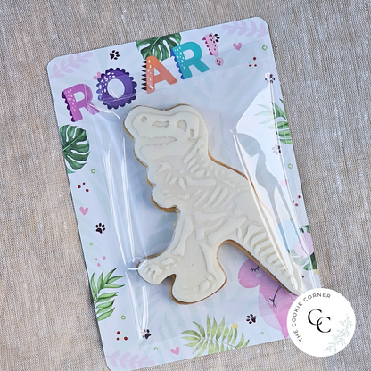 [Food Safe] Pink Dinosaur - Roar - Thank You - Double Sided Designs - Vertical Cookie Cards - 25 Pack