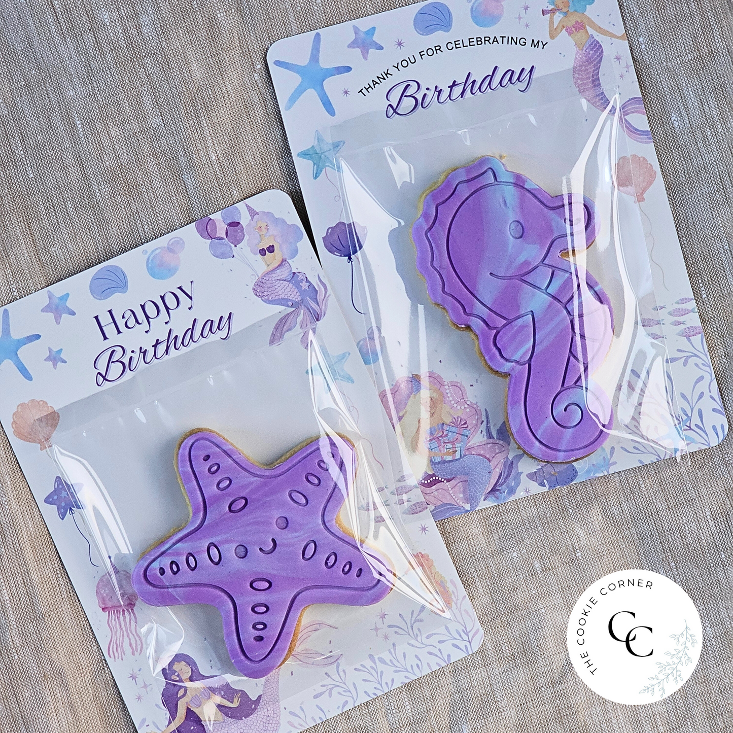 [Food Safe] Mermaid - Happy Birthday - Thank You - Double Sided Designs - Vertical Cookie Cards - 25 Pack